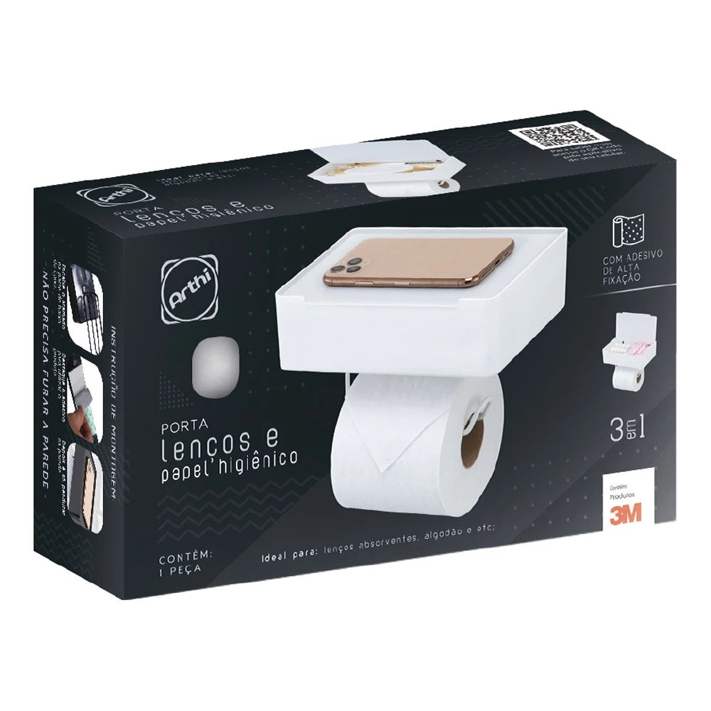 Caixa organizadora de parede para lavabo que combina porta rolo de papel higiênico e um dispenser para lenços, além do apoio para celular.