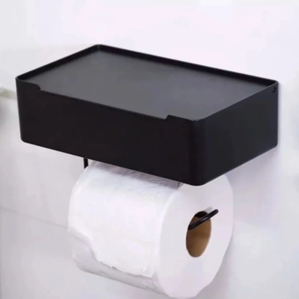 Porta papel higiênico e lenço umedecido de parede, com compartimento separado para lenços e um suporte superior para celular.