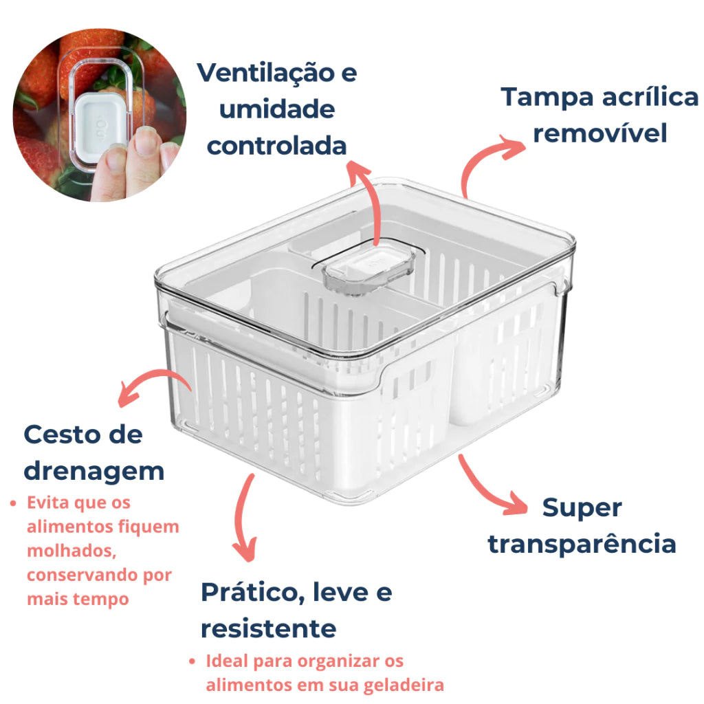 Organizador De Alimentos Geladeira 2,2L Com 2 Cestos Frutas Legumes