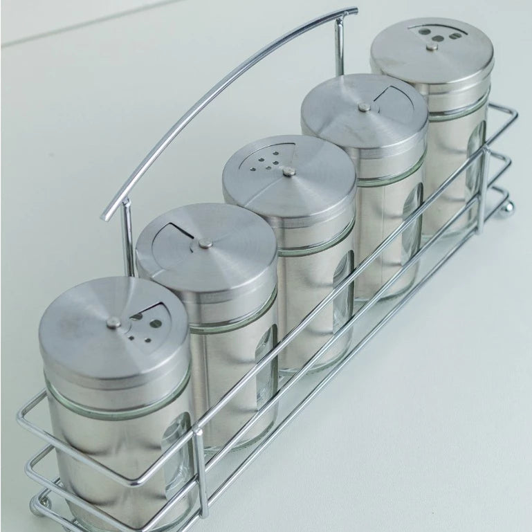 Porta Condimentos Temperos Inox 5 Pçs Com Suporte inox