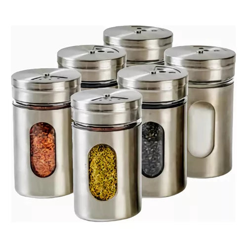 Kit 6 Porta Condimentos em Aço Inox e Vidro