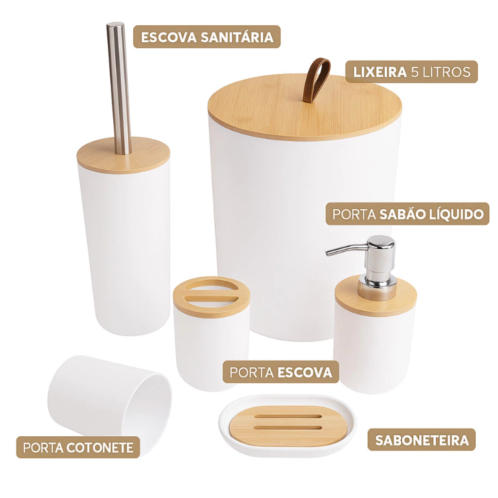 Kit Com 6 Peças Banheiro Conjunto Completo Lixeira Com Tampa