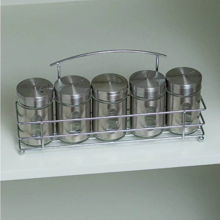 Porta Condimentos Temperos Inox 5 Pçs Com Suporte inox