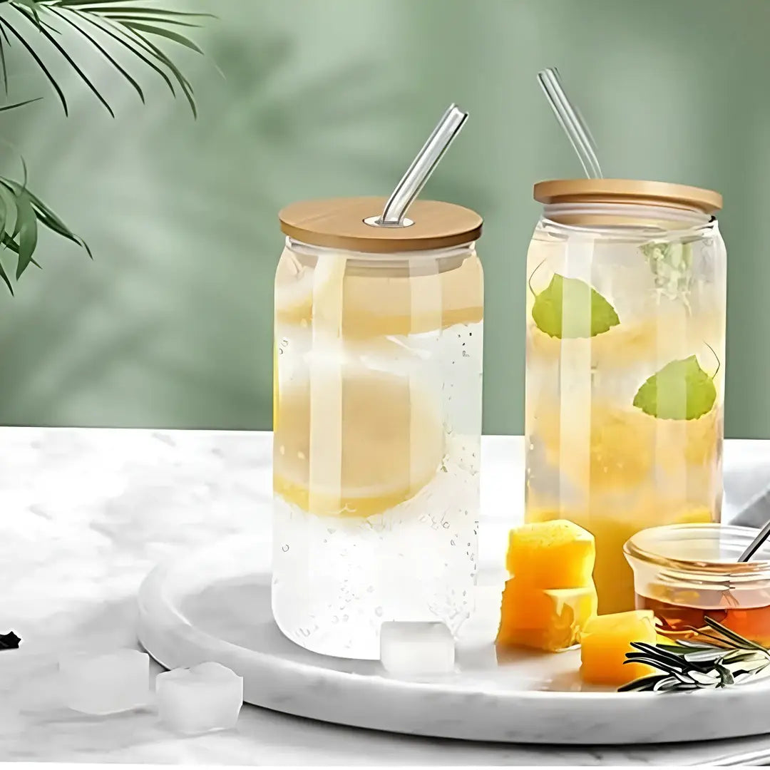Copo de Vidro 500ml com Tampa de Bambu e Canudo Inox
