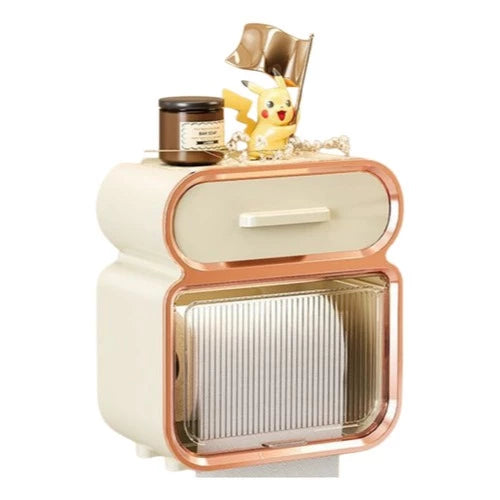 Dispenser de luxo em acrílico, combinando o armazenamento de papel higiênico e lenços umedecidos, instalado na parede.