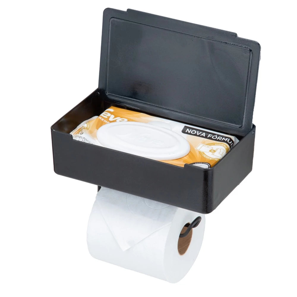 Imagem em close-up do compartimento de lenços do dispenser, destacando o uso e o suporte para celular posicionado acima.