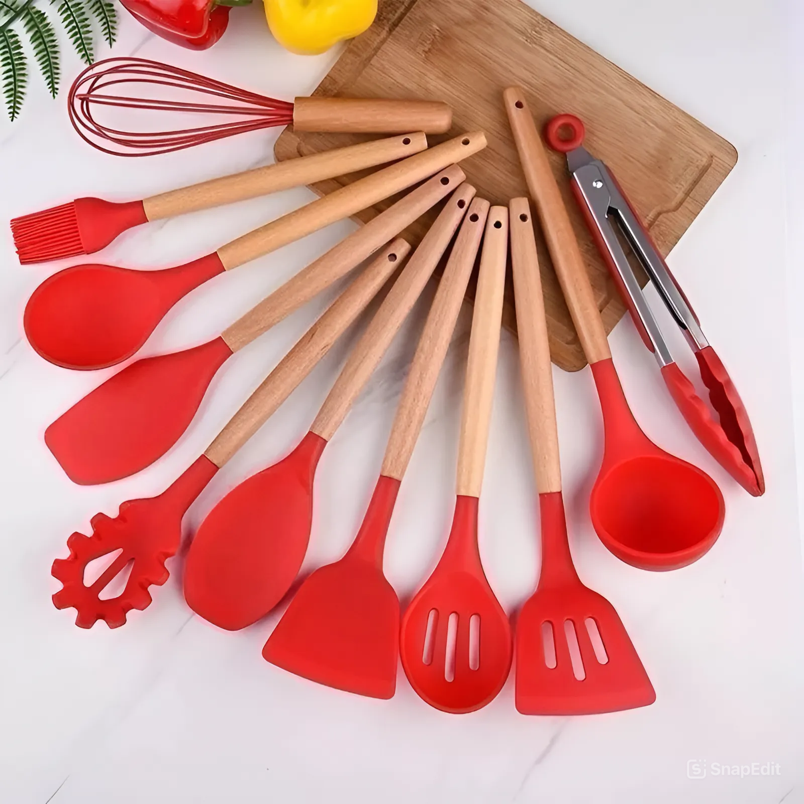 Jogo de Utensílios de Cozinha com 12 Peças em Silicone e Cabo de Madeira