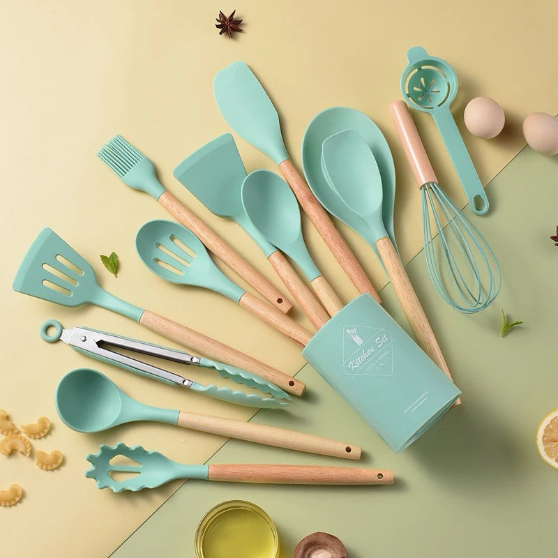 Jogo de Utensílios de Cozinha com 12 Peças em Silicone e Cabo de Madeira