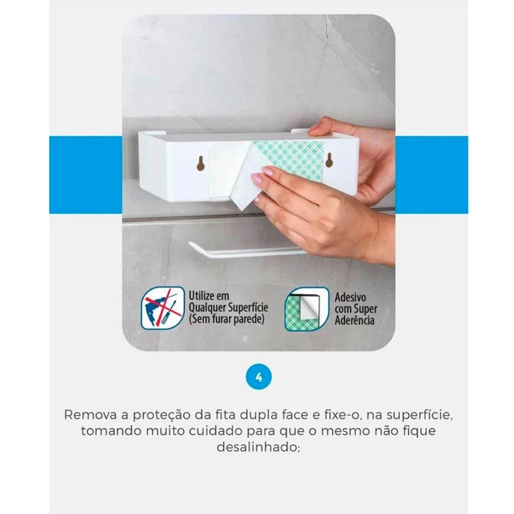 Dispenser branco e vedado para papel higiênico e lenços, com design elegante e área de apoio para celular.
