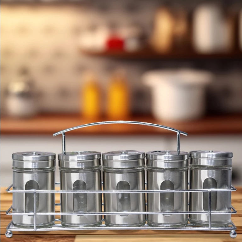 Porta Condimentos Temperos Inox 5 Pçs Com Suporte inox