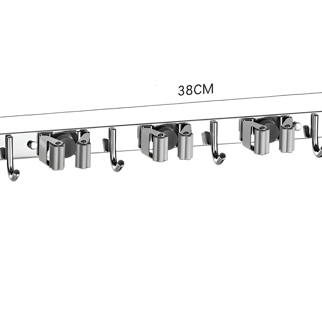 Infográfico com as medidas de comprimento e distância entre os ganchos do suporte multiuso.