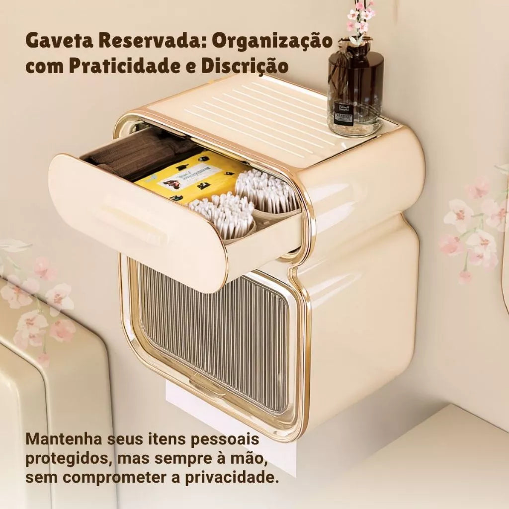 Suporte de parede em acrílico, que organiza lenço facial e papel higiênico, agregando sofisticação ao lavabo.