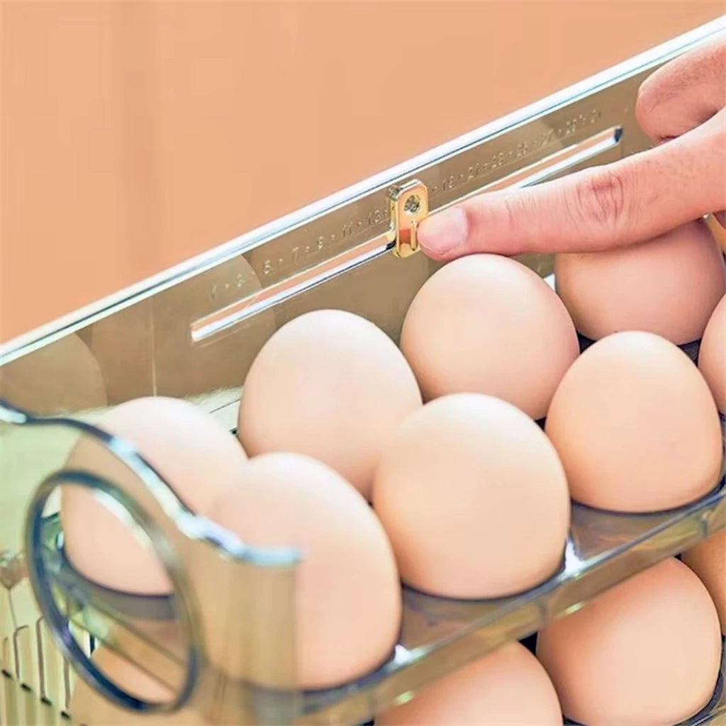 Dispenser de ovos inteligente para cozinha organizada, permitindo visualização rápida da quantidade de ovos disponível através do material transparente.