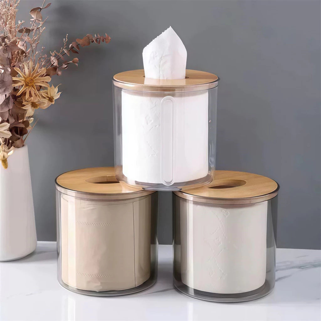 Porta Papel Higienico Luxo Transparente Com Tampa De Bambu