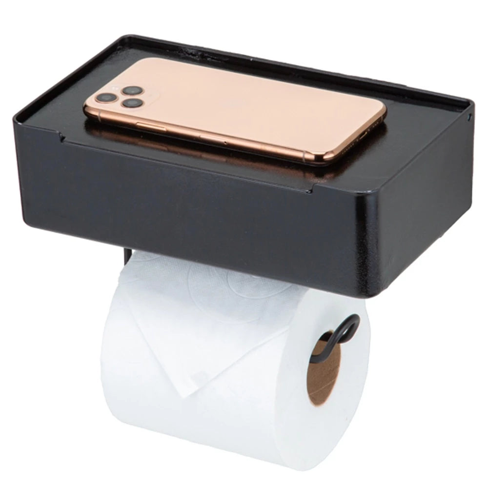 Dispenser multifuncional 2 em 1, na cor branca, que armazena papel higiênico e caixa de lenço, com uma prateleira de apoio para celular.