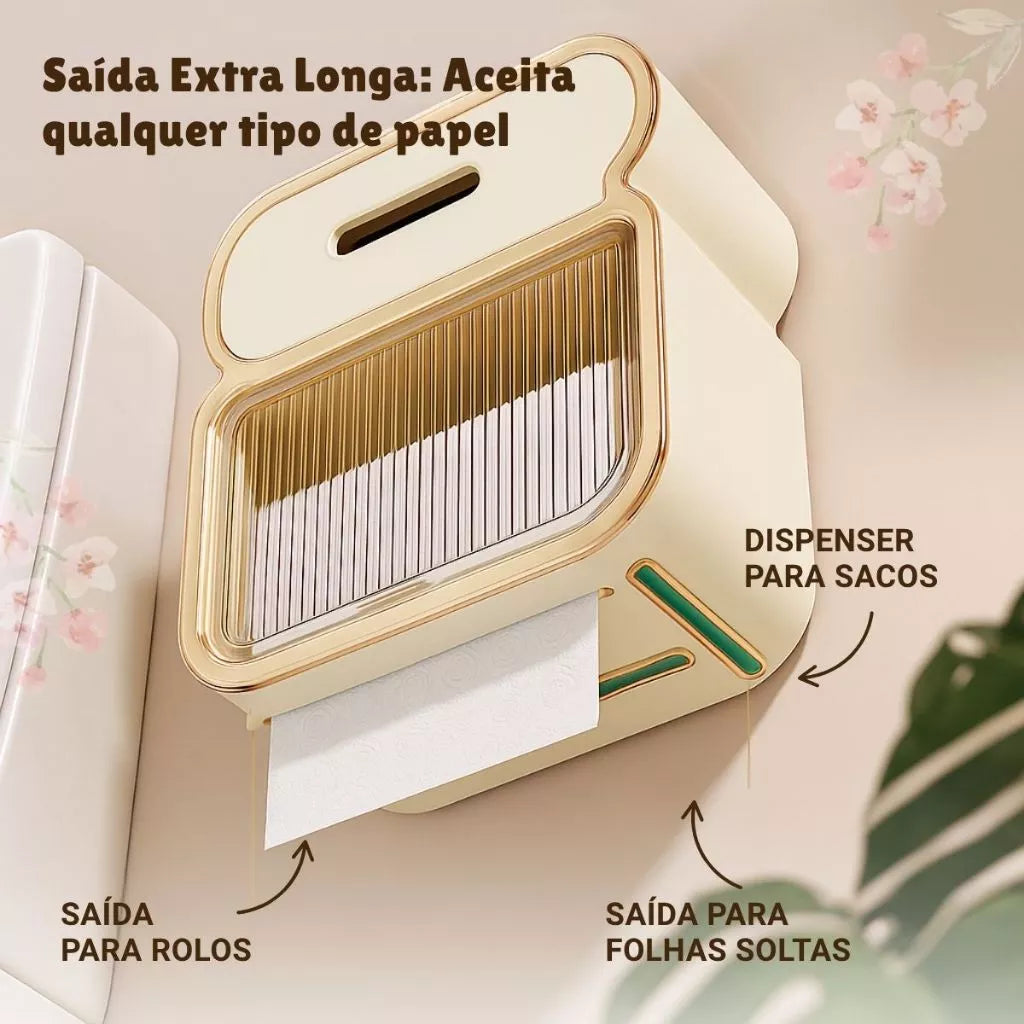 Vista do suporte acrílico para papel higiênico e lenços, com fácil acesso para reposição e limpeza.