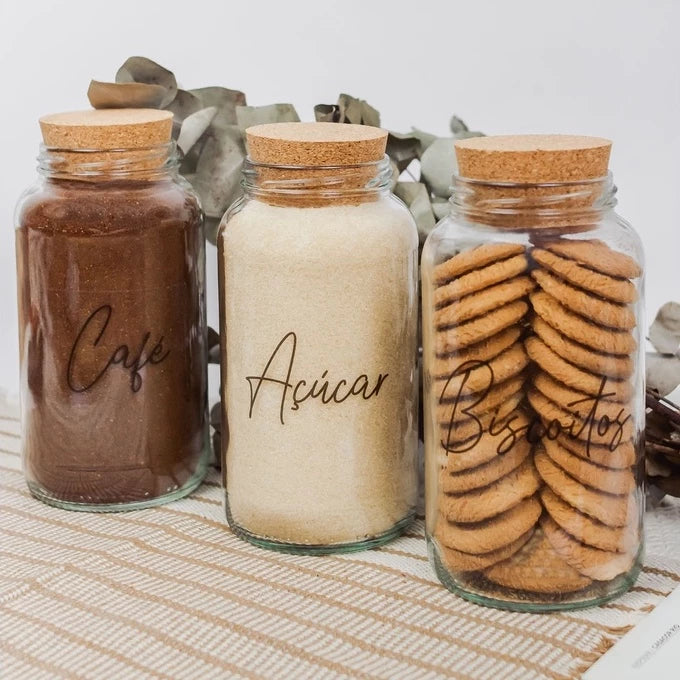 3 Potes de Vidro 810ml com Tampa de Rolha e Adesivos para Café, Açúcar e Biscoitos