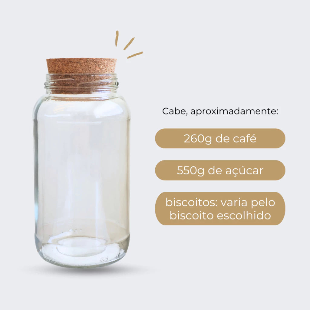 3 Potes de Vidro 810ml com Tampa de Rolha e Adesivos para Café, Açúcar e Biscoitos