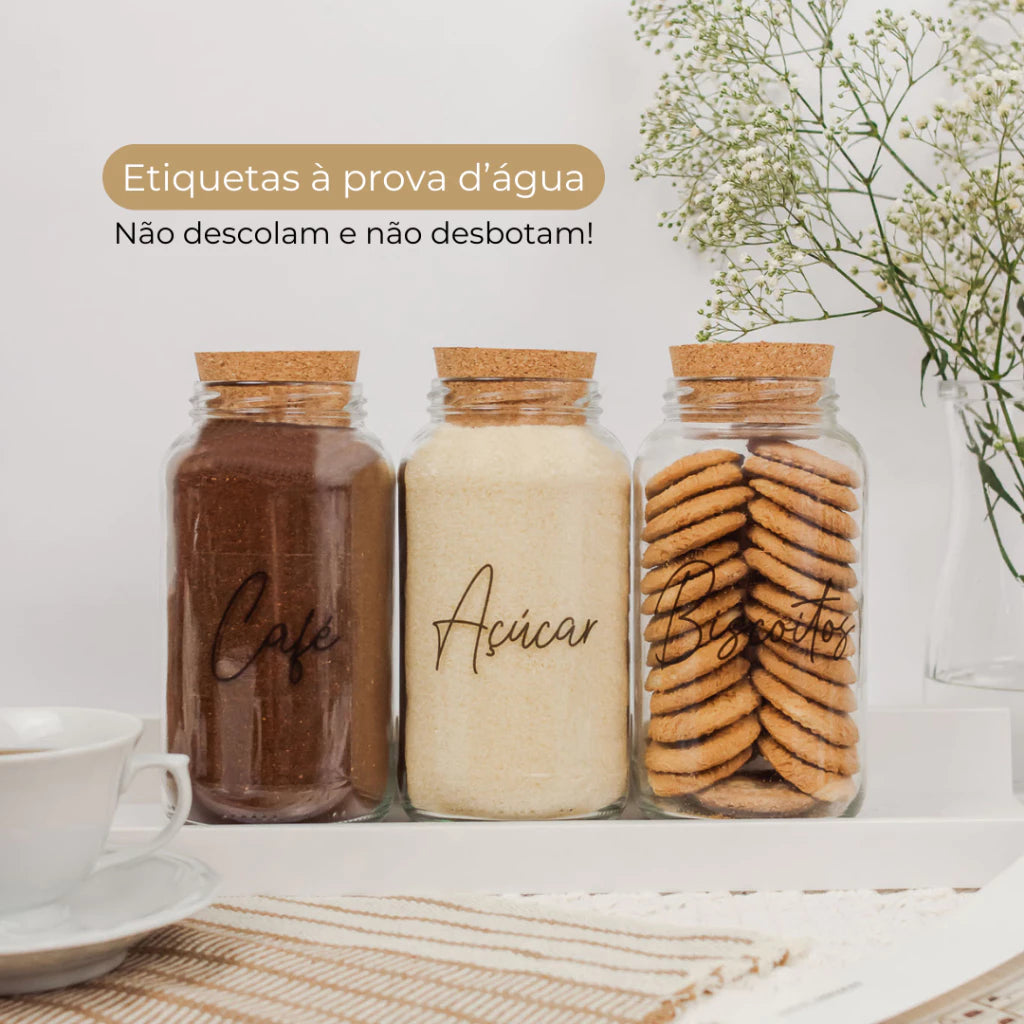 3 Potes de Vidro 810ml com Tampa de Rolha e Adesivos para Café, Açúcar e Biscoitos