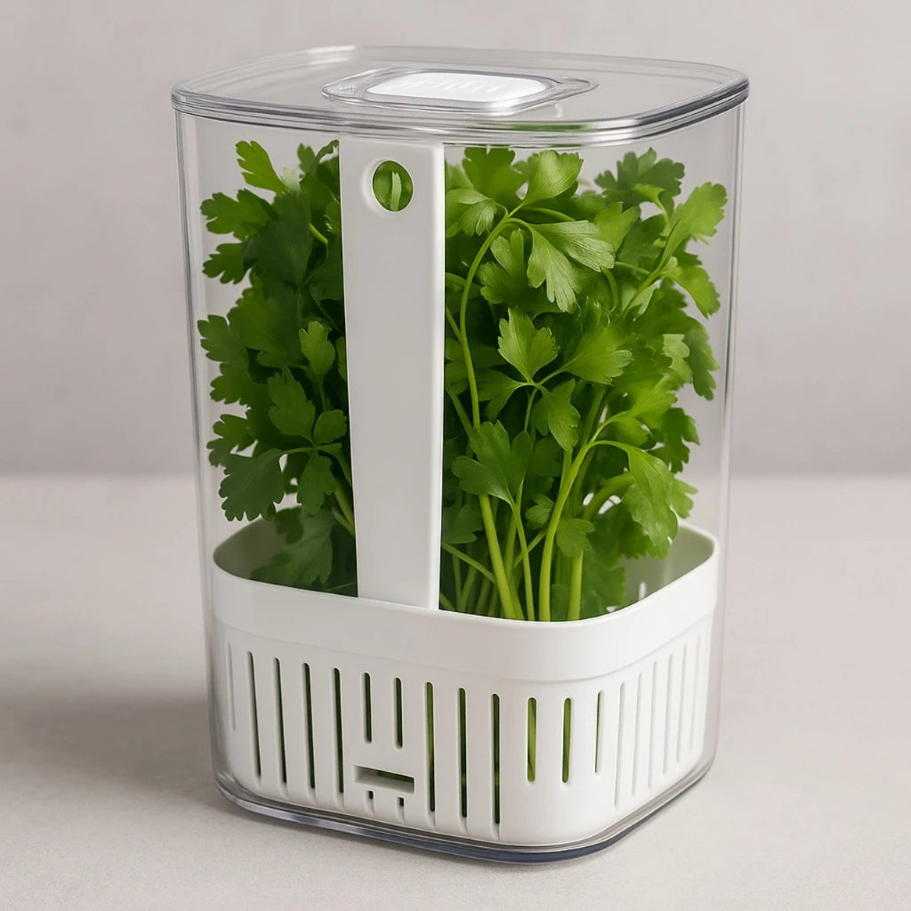 Pote organizador transparente de 2,3 litros com cesto escorredor interno branco para conservação de verduras.