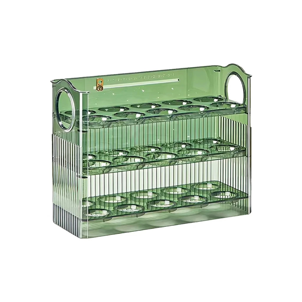 Organizador de ovos para geladeira em plástico verde translúcido com três níveis de armazenamento e design vertical moderno.