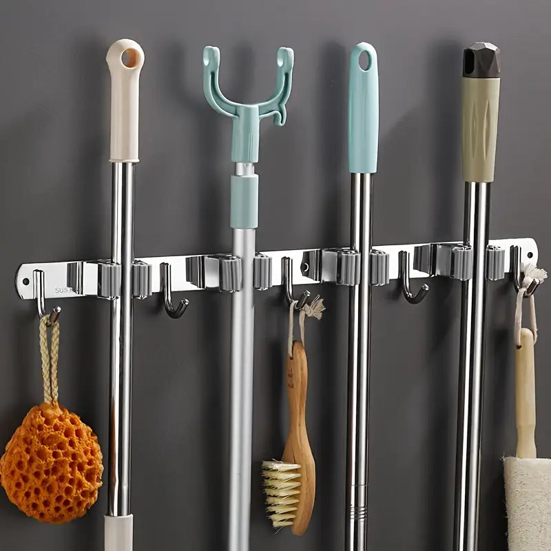 Suporte de Parede Multiuso para Vassouras – Organizador de Ambiente em Aço Inox