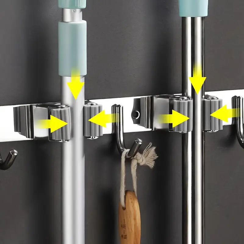 Suporte de Parede Multiuso para Vassouras – Organizador de Ambiente em Aço Inox