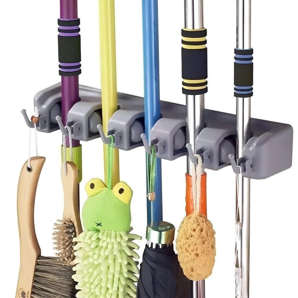Suporte Organizador Multiuso 5 Lugares 6 Ganchos Porta Vassoura e Rodo