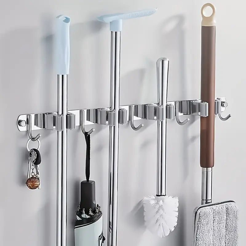 Suporte de Parede Multiuso para Vassouras – Organizador de Ambiente em Aço Inox