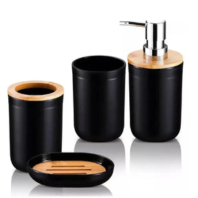 Conjunto de 6 peças para banheiro em preto com detalhes de bambu, mostrando a qualidade e o design moderno.