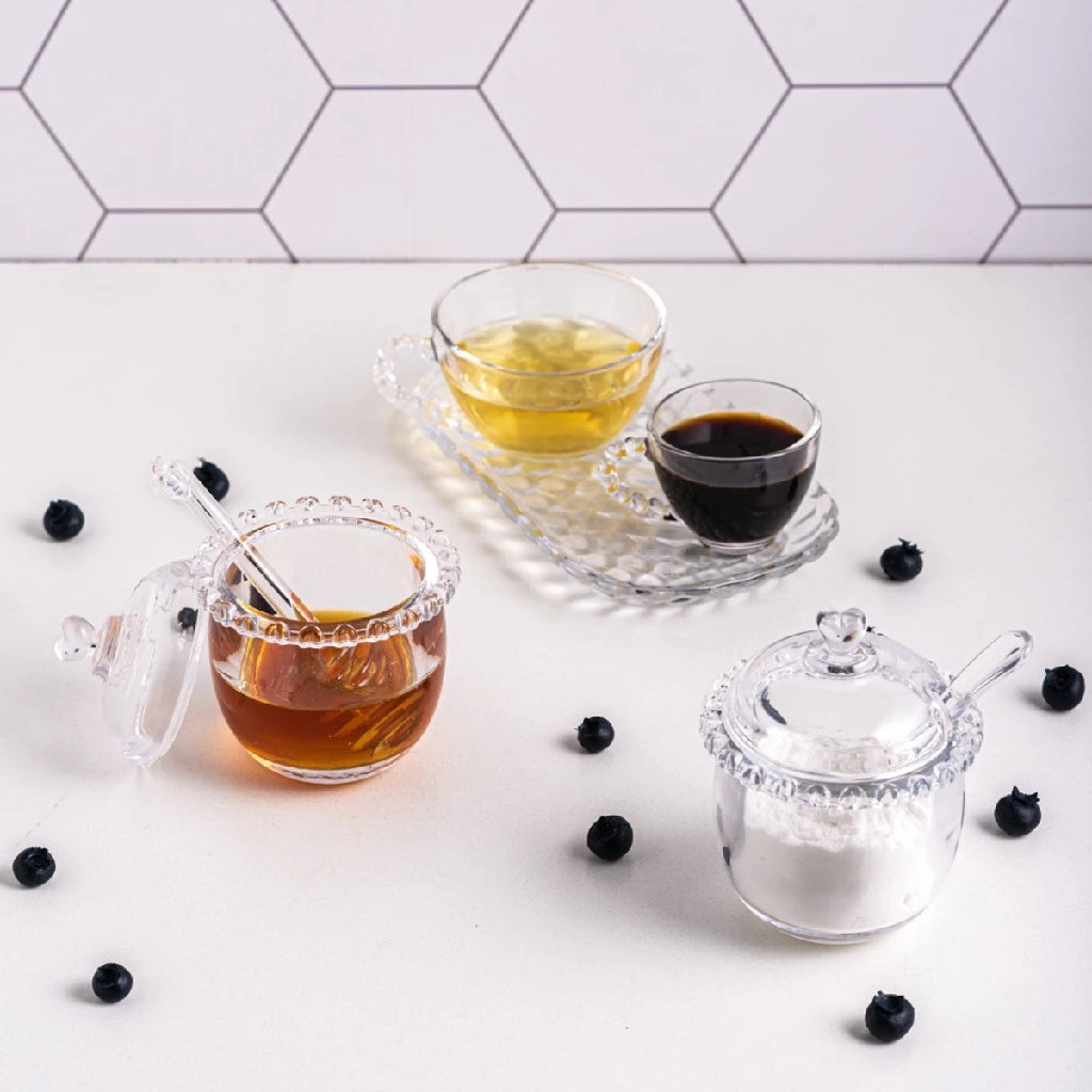 Açucareiro de Cristal 200ml – Design Coração com Tampa e Colher Transparente
