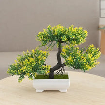 Bonsai artificial de seda verde, com design realista para decoração de interiores.