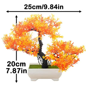 Bonsai artificial de seda em tamanho pequeno, ideal para prateleiras e mesas.