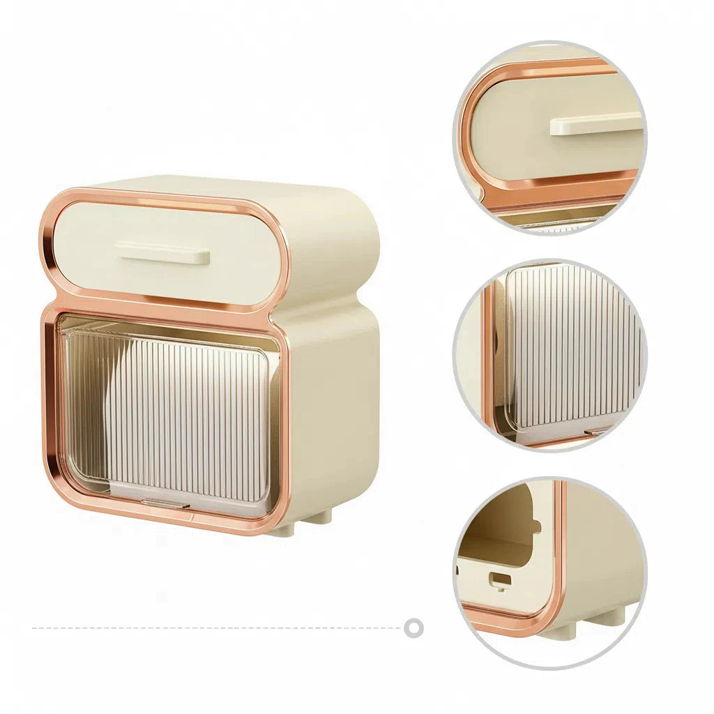 Porta-rolo de papel e caixa de lenços em acrílico, evidenciando a dupla funcionalidade e o estilo moderno do acessório.