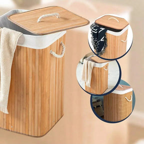 Cesto de roupa suja de bambu, 70 litros, com tampa retangular forrada, ideal para organização em lavanderia