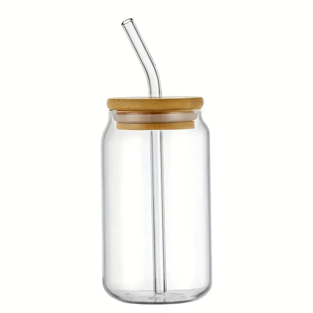 Copo de Vidro 500ml com Tampa de Bambu e Canudo Inox