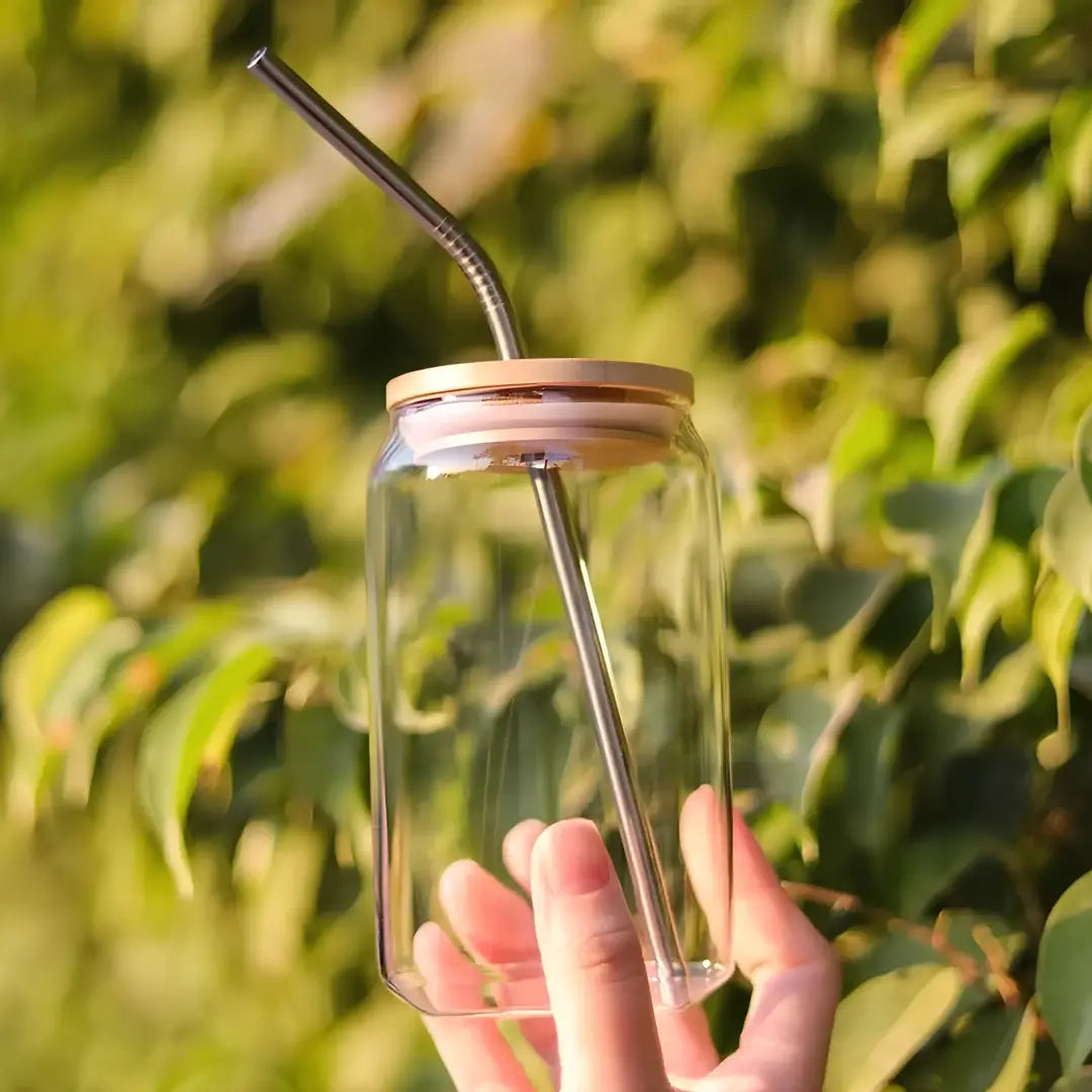 Copo de Vidro 500ml com Tampa de Bambu e Canudo Inox