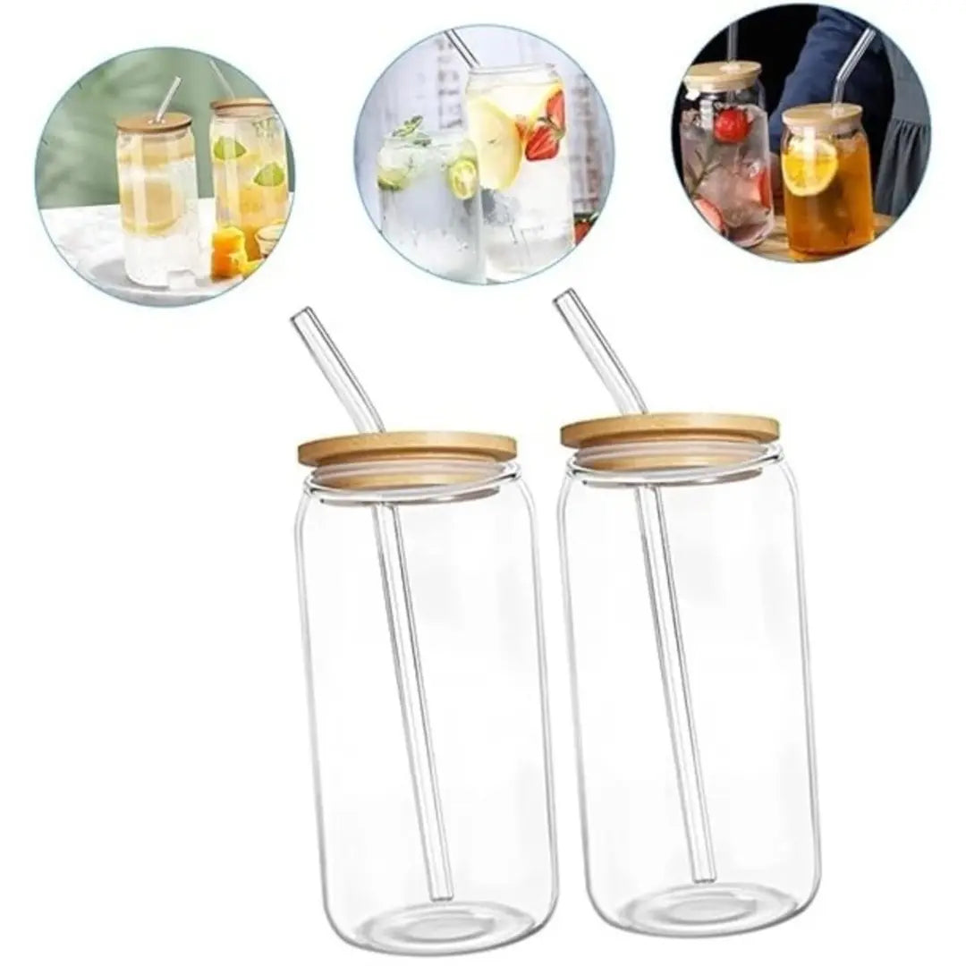 Copo de Vidro 500ml com Tampa de Bambu e Canudo Inox