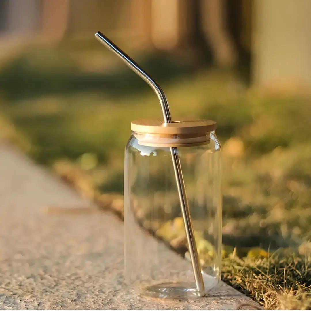 Copo de Vidro 500ml com Tampa de Bambu e Canudo Inox