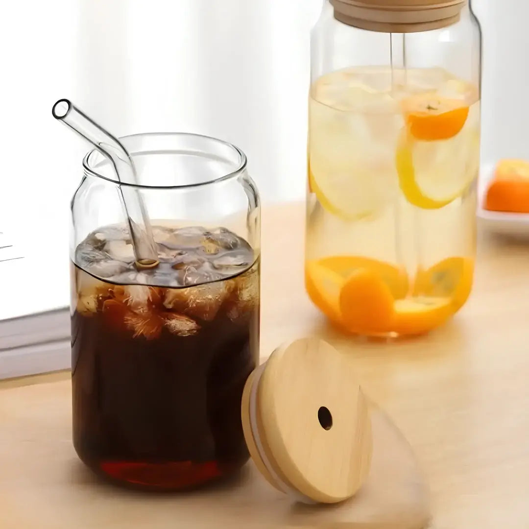Copo de Vidro 500ml com Tampa de Bambu e Canudo Inox