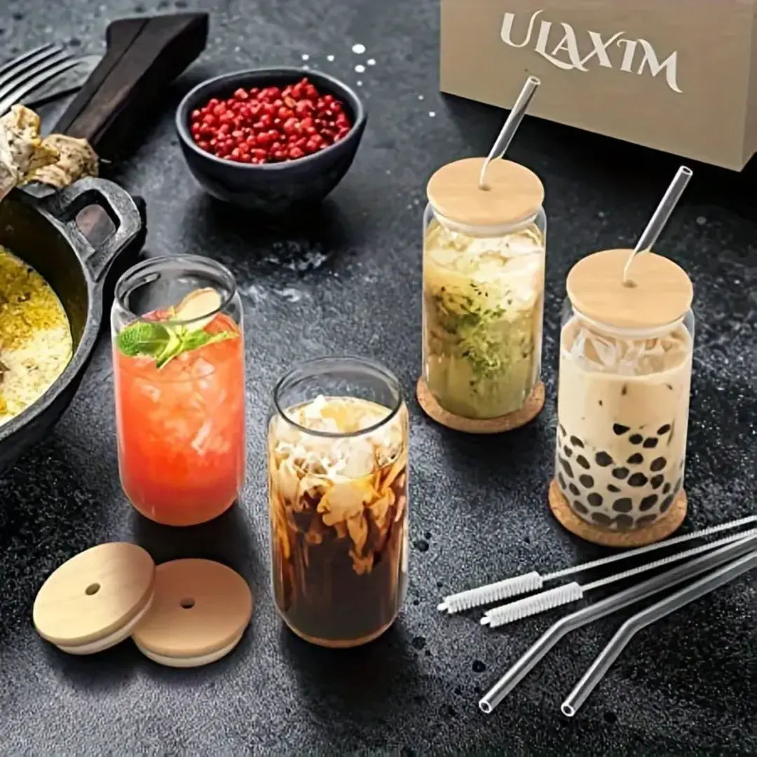 Copo de Vidro 500ml com Tampa de Bambu e Canudo Inox