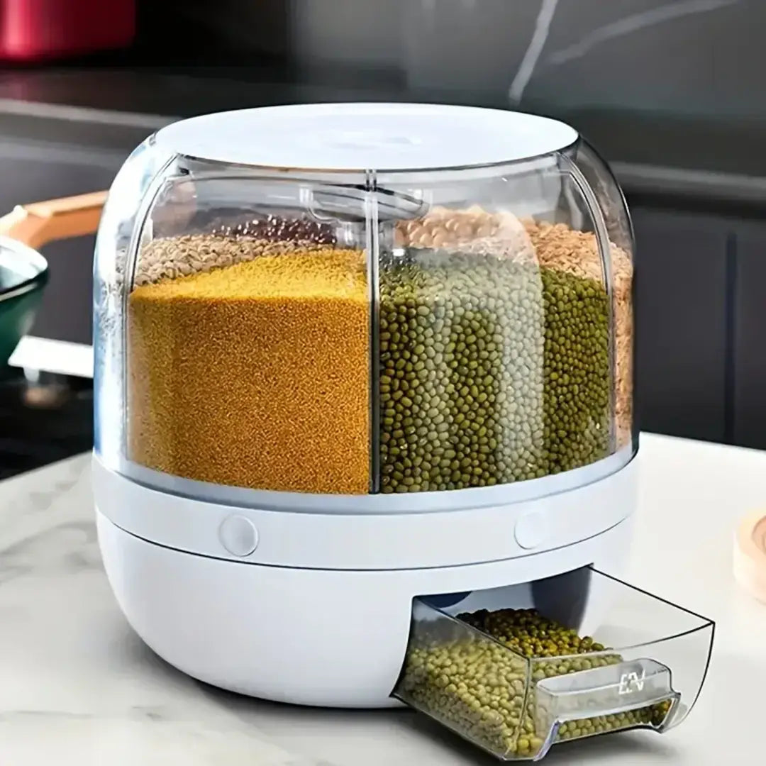 Dispenser completo de cereais giratório, pronto para uso em cozinhas modernas.