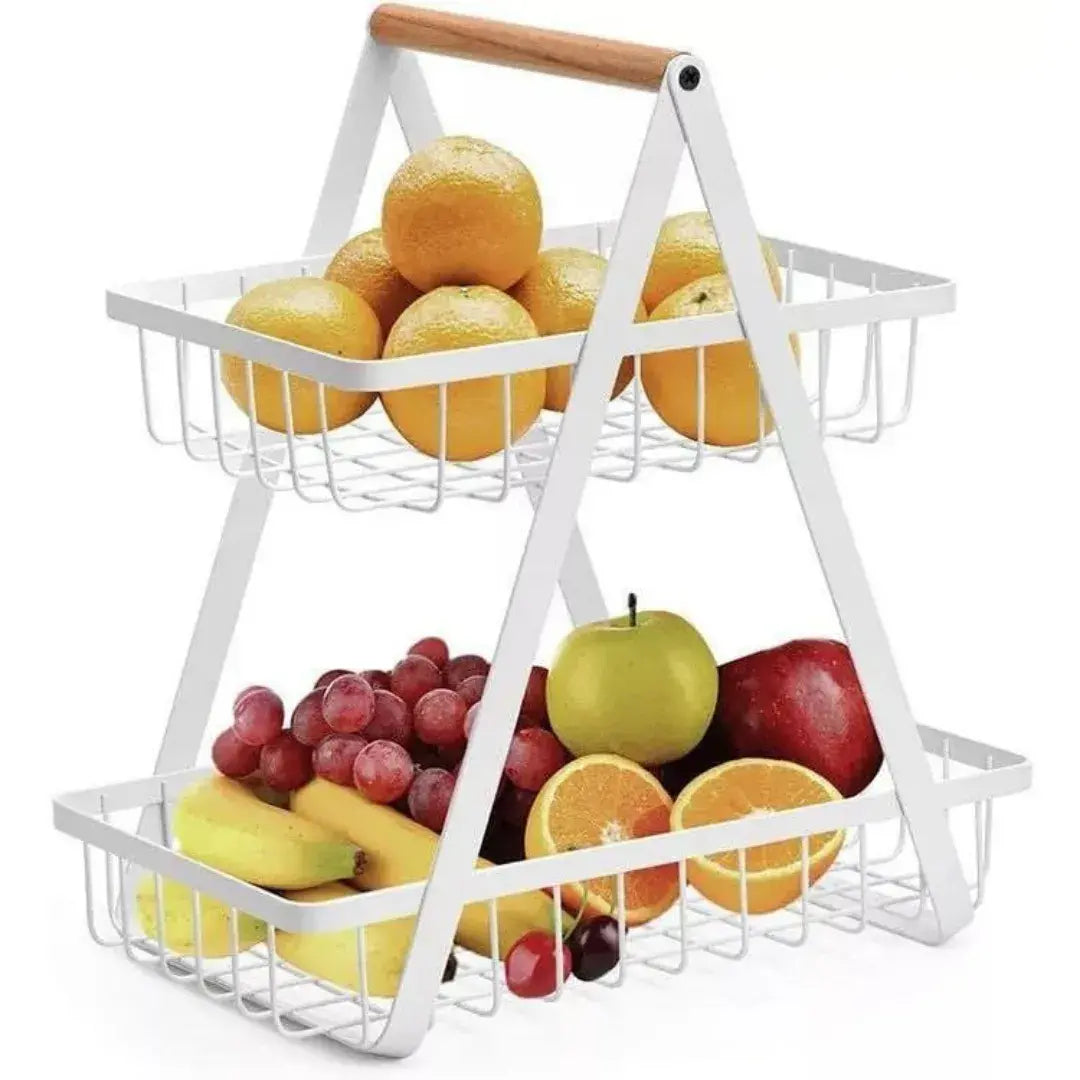 Fruteira aramada de metal, destacando seu design resistente e moderno para organização de frutas na mesa