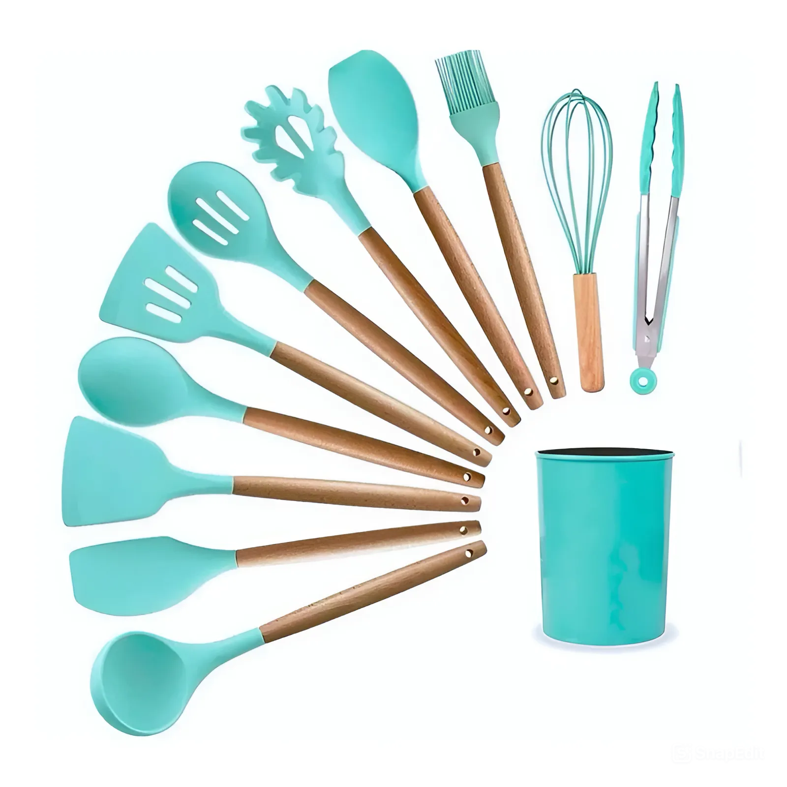 Jogo de Utensílios de Cozinha com 12 Peças em Silicone e Cabo de Madeira