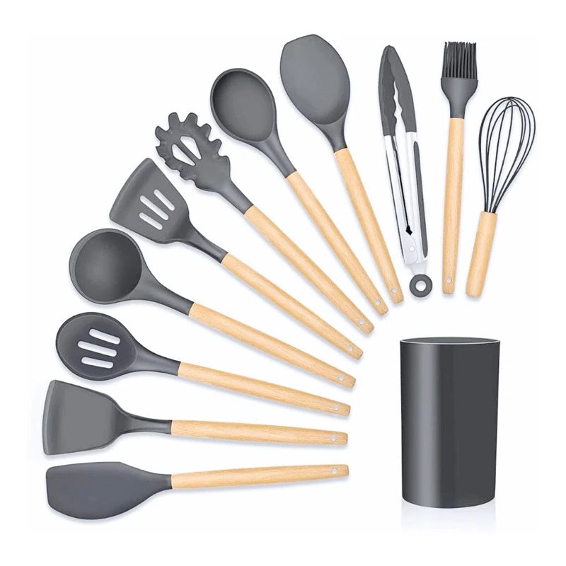 Jogo de Utensílios de Cozinha com 12 Peças em Silicone e Cabo de Madeira