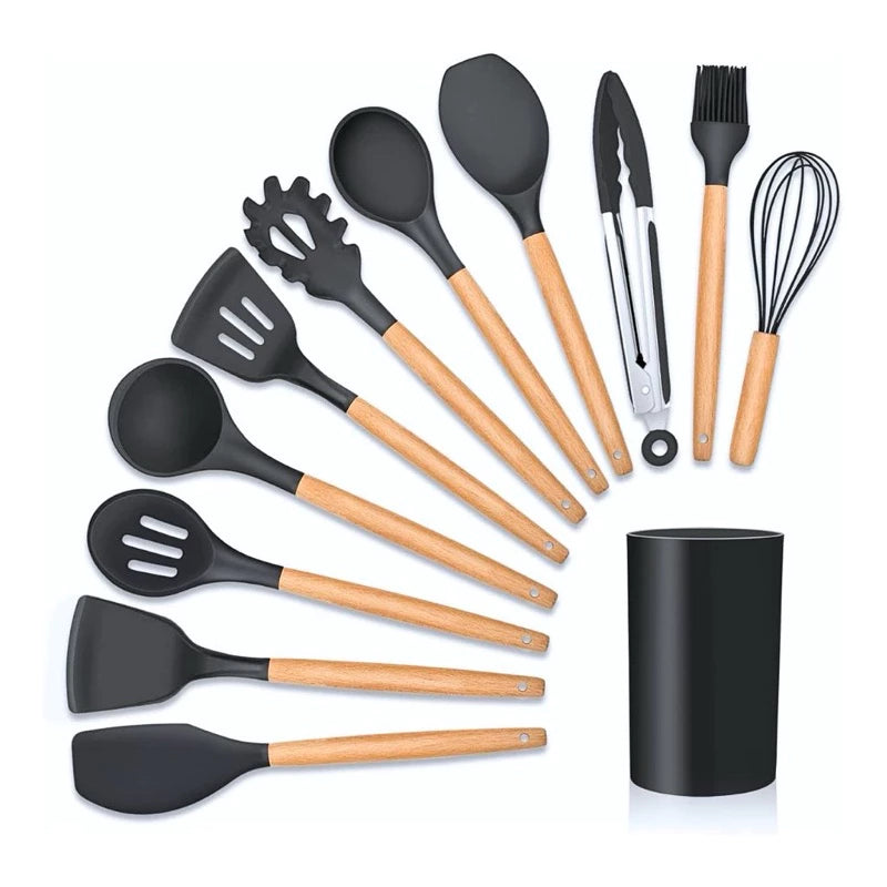 Jogo de Utensílios de Cozinha com 12 Peças em Silicone e Cabo de Madeira
