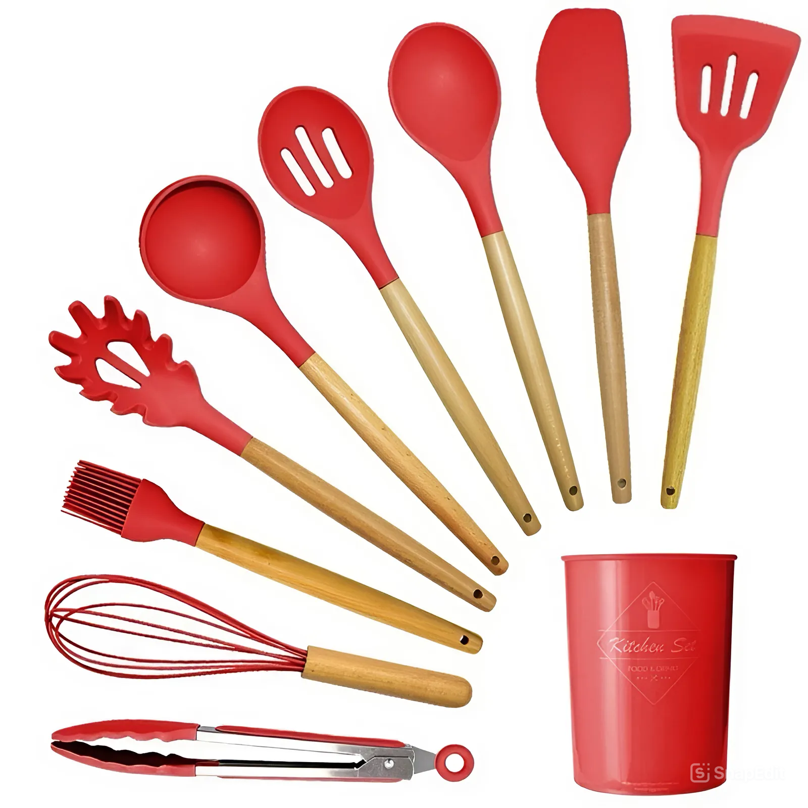 Jogo de Utensílios de Cozinha com 12 Peças em Silicone e Cabo de Madeira
