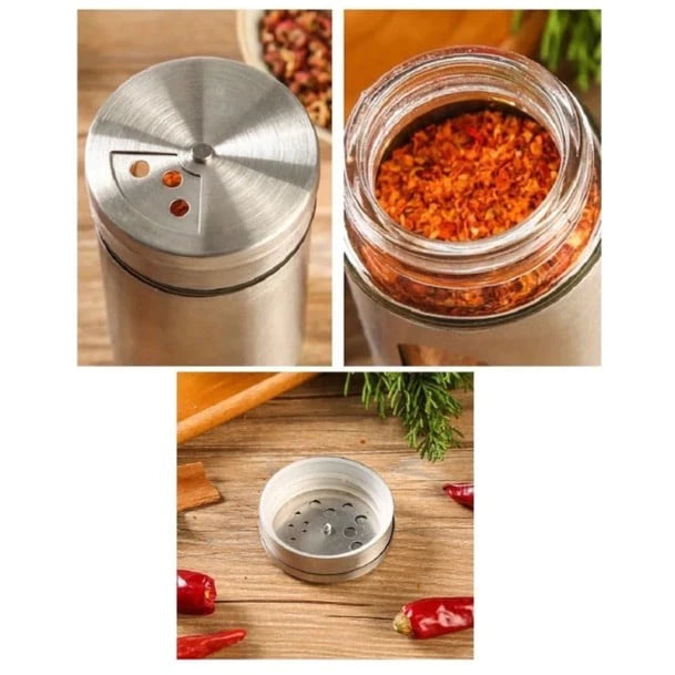 Kit 6 Porta Condimentos em Aço Inox e Vidro