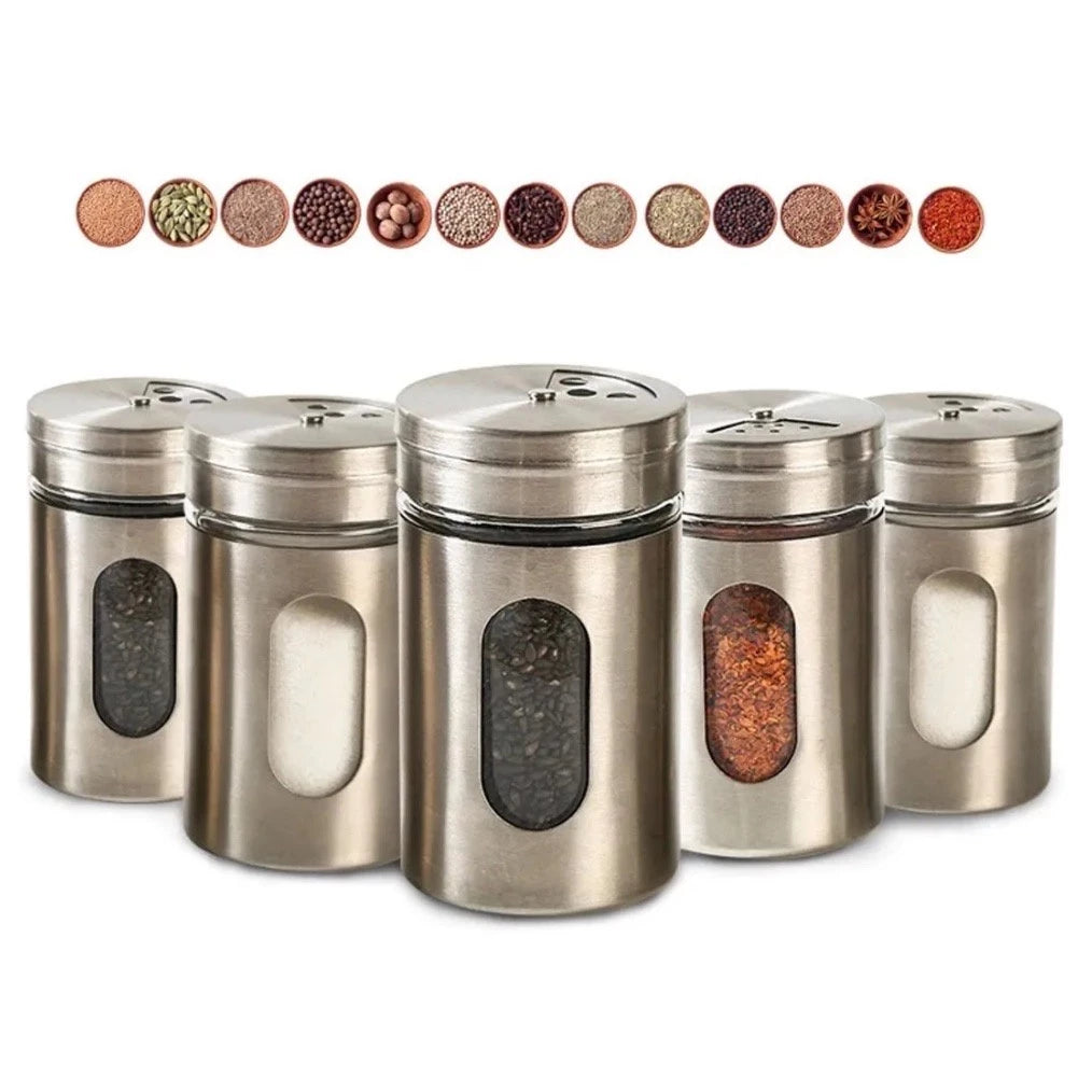 Kit 6 Porta Condimentos em Aço Inox e Vidro