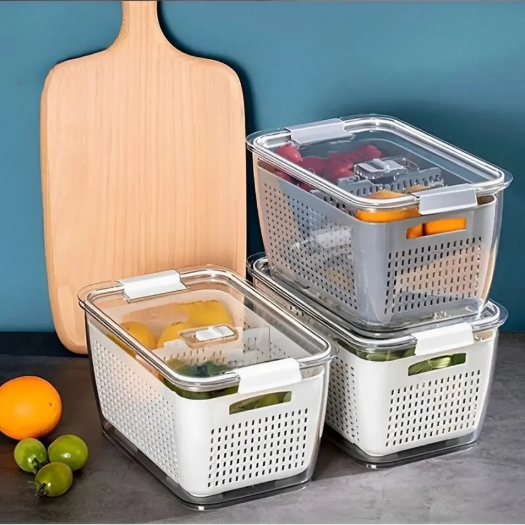 Kit com 2 caixas organizadoras de geladeira, ideais para manter alimentos organizados e facilitar o acesso